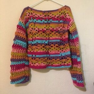 Colorful Boho Handmade Barrel Sleeve Crochet Women's Sweater